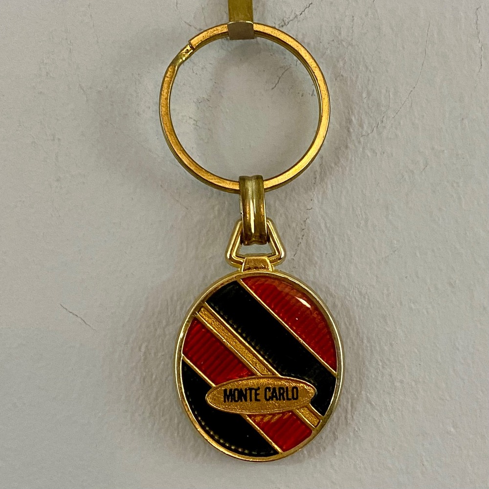 Vintage Monte Carlo Keychain Enamel Striped Gold Tone Metal Key Fob Ring